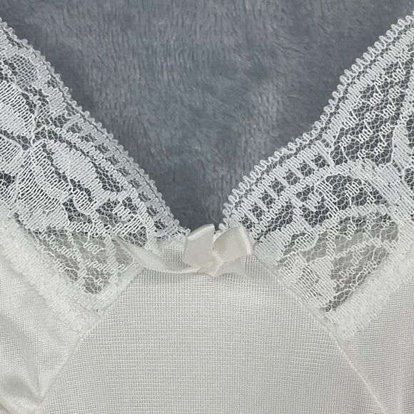 Vintage Adonna Full Slip Womens 36 White Silky Satin Lace V-neck - Picture 3 of 14